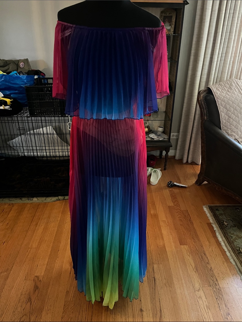 AKIRA Multicolor Ombre Off-Shoulder Pleated Maxi Dress